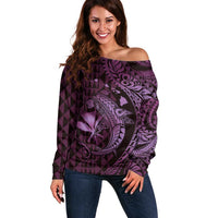 Aloha Hawaii Hammerhead Shark Off Shoulder Sweater Purple Kakau and Polynesian Tattoo LT03 Women Purple - Polynesian Pride