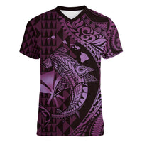 Aloha Hawaii Hammerhead Shark Women V-Neck T-Shirt Purple Kakau and Polynesian Tattoo LT03