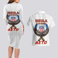 American Samoa Fautasi Couples Matching Long Sleeve Bodycon Dress and Hawaiian Shirt Pago Pago Aeto and Iseula o le Moana of Fagatogo White Color - Polynesian Pride