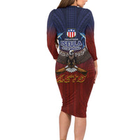 American Samoa Fautasi Family Matching Long Sleeve Bodycon Dress and Hawaiian Shirt Pago Pago Aeto and Iseula o le Moana of Fagatogo Red-Blue - Polynesian Pride