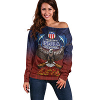 American Samoa Fautasi Off Shoulder Sweater Pago Pago Aeto and Iseula o le Moana of Fagatogo Red-Blue - Polynesian Pride