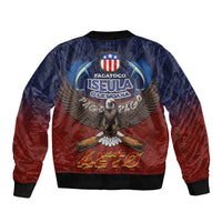 American Samoa Fautasi Sleeve Zip Bomber Jacket Pago Pago Aeto and Iseula o le Moana of Fagatogo Red-Blue - Polynesian Pride