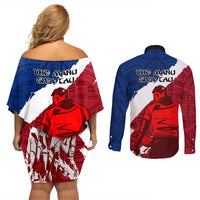 Samoa Rugby Couples Matching Off Shoulder Short Dress and Long Sleeve Button Shirts Siva Tau Dance Polynesian Tattoo Brush Style LT03 - Polynesian Pride