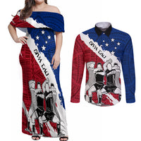 Custom Samoa Rugby Couples Matching Off Shoulder Maxi Dress and Long Sleeve Button Shirts Siva Tau Dance Polynesian Tattoo Brush Style LT03 Red - Polynesian Pride