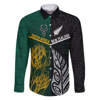 South Africa and New Zealand Family Matching Long Sleeve Bodycon Dress and Hawaiian Shirt King Protea and Silver Fern Mix Culture Pattern LT03 Dad's Shirt - Long Sleeve Black - Polynesian Pride