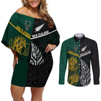 Personalised South Africa and New Zealand Couples Matching Off Shoulder Short Dress and Long Sleeve Button Shirt King Protea and Silver Fern Mix Culture Pattern LT03 Black - Polynesian Pride
