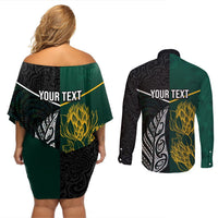 Personalised South Africa and New Zealand Couples Matching Off Shoulder Short Dress and Long Sleeve Button Shirt King Protea and Silver Fern Mix Culture Pattern LT03 - Polynesian Pride