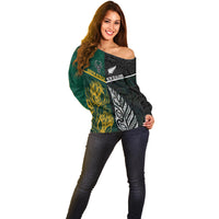 Personalised South Africa and New Zealand Off Shoulder Sweater King Protea and Silver Fern Mix Culture Pattern LT03 - Polynesian Pride