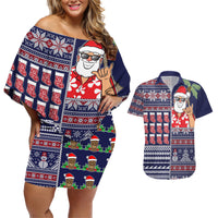 Hawaii Mele Kalikimaka Couples Matching Off Shoulder Short Dress and Hawaiian Shirt Aloha and Christmas Elements Patchwork Blue Style LT03 Blue - Polynesian Pride