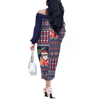 Hawaii Mele Kalikimaka Off The Shoulder Long Sleeve Dress Aloha and Christmas Elements Patchwork Blue Style LT03 - Polynesian Pride