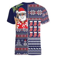 Hawaii Mele Kalikimaka Women V Neck T Shirt Aloha and Christmas Elements Patchwork Blue Style LT03 - Polynesian Pride