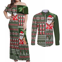 Hawaii Mele Kalikimaka Couples Matching Off Shoulder Maxi Dress and Long Sleeve Button Shirt Aloha and Christmas Elements Patchwork Green Style LT03 Green - Polynesian Pride