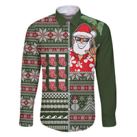 Hawaii Mele Kalikimaka Family Matching Off Shoulder Maxi Dress and Hawaiian Shirt Aloha and Christmas Elements Patchwork Green Style LT03 Dad's Shirt - Long Sleeve Green - Polynesian Pride