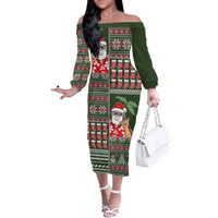 Hawaii Mele Kalikimaka Off The Shoulder Long Sleeve Dress Aloha and Christmas Elements Patchwork Green Style LT03 Women Green - Polynesian Pride