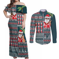 Hawaii Mele Kalikimaka Couples Matching Off Shoulder Maxi Dress and Long Sleeve Button Shirt Aloha and Christmas Elements Patchwork Turquoise Style LT03 Turquoise - Polynesian Pride