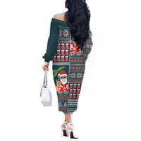 Hawaii Mele Kalikimaka Off The Shoulder Long Sleeve Dress Aloha and Christmas Elements Patchwork Turquoise Style LT03 - Polynesian Pride