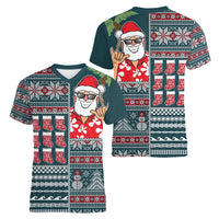 Hawaii Mele Kalikimaka Women V Neck T Shirt Aloha and Christmas Elements Patchwork Turquoise Style LT03 - Polynesian Pride