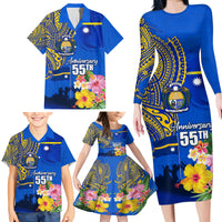 Personalised Nauru Independence Day Family Matching Long Sleeve Bodycon Dress and Hawaiian Shirt Nauruan Tribal Flag Style LT03 - Polynesian Pride