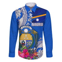 Personalised Nauru Coat of Arms Family Matching Tank Maxi Dress and Hawaiian Shirt Tropical Flower Polynesian Pattern LT03 Dad's Shirt - Long Sleeve Blue - Polynesian Pride