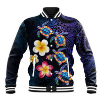 Hawaiian Turtles and Plumeria Baseball Jacket Polynesian Art Tribal Tattoo Dark Aqua Color LT03 Unisex Blue - Polynesian Pride