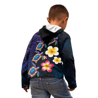 Hawaiian Turtles and Plumeria Kid Hoodie Polynesian Art Tribal Tattoo Dark Aqua Color