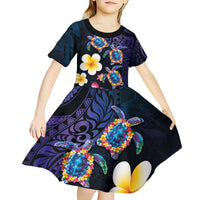 Hawaiian Turtles and Plumeria Kid Short Sleeve Dress Polynesian Art Tribal Tattoo Dark Aqua Color