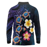 Hawaiian Turtles and Plumeria Long Sleeve Polo Shirt Polynesian Art Tribal Tattoo Dark Aqua Color