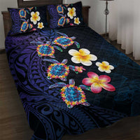 Hawaiian Turtles and Plumeria Quilt Bed Set Polynesian Art Tribal Tattoo Dark Aqua Color