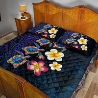 Hawaiian Turtles and Plumeria Quilt Bed Set Polynesian Art Tribal Tattoo Dark Aqua Color