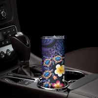 Hawaiian Turtles and Plumeria Skinny Tumbler Polynesian Art Tribal Tattoo Dark Aqua Color