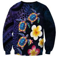 Hawaiian Turtles and Plumeria Sweatshirt Polynesian Art Tribal Tattoo Dark Aqua Color LT03 - Polynesian Pride