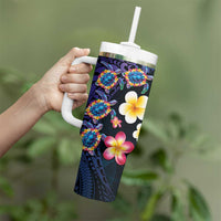 Hawaiian Turtles and Plumeria Tumbler With Handle Polynesian Art Tribal Tattoo Dark Aqua Color