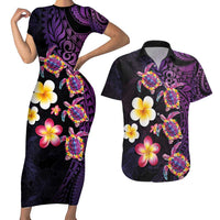Hawaiian Turtles and Plumeria Couples Matching Short Sleeve Bodycon Dress and Hawaiian Shirt Polynesian Art Tribal Tattoo Deep Violet Color