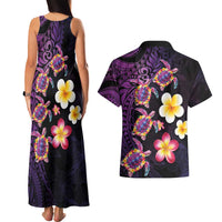 Hawaiian Turtles and Plumeria Couples Matching Tank Maxi Dress and Hawaiian Shirt Polynesian Art Tribal Tattoo Deep Violet Color