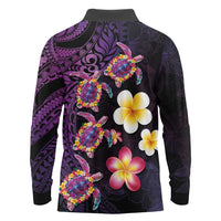 Hawaiian Turtles and Plumeria Long Sleeve Polo Shirt Polynesian Art Tribal Tattoo Deep Violet Color
