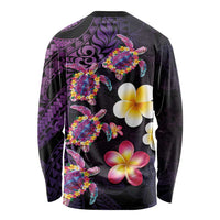 Hawaiian Turtles and Plumeria Long Sleeve Shirt Polynesian Art Tribal Tattoo Deep Violet Color