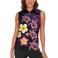 Hawaiian Turtles and Plumeria Women Sleeveless Polo Shirt Polynesian Art Tribal Tattoo Deep Violet Color