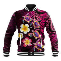 Hawaiian Turtles and Plumeria Baseball Jacket Polynesian Art Tribal Tattoo Cerise LT03 Unisex Pink - Polynesian Pride