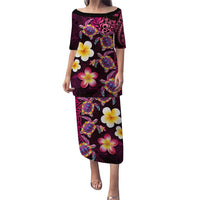 Hawaiian Turtles and Plumeria Puletasi Polynesian Art Tribal Tattoo Cerise LT03 Long Dress Pink - Polynesian Pride