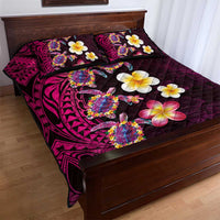 Hawaiian Turtles and Plumeria Quilt Bed Set Polynesian Art Tribal Tattoo Cerise