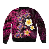 Hawaiian Turtles and Plumeria Sleeve Zip Bomber Jacket Polynesian Art Tribal Tattoo Cerise