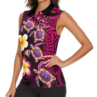Hawaiian Turtles and Plumeria Women Sleeveless Polo Shirt Polynesian Art Tribal Tattoo Cerise
