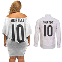 Custom New Zealand Football Couples Matching Off Shoulder Short Dress and Long Sleeve Button Shirt The Whites-Sporty T90 Style - Polynesian Pride