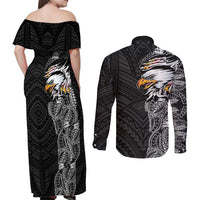 American Samoa Flag Day Couples Matching Off Shoulder Maxi Dress and Long Sleeve Button Shirt Tribal Tattoo with Eagle Black LT03 - Polynesian Pride