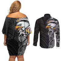 American Samoa Flag Day Couples Matching Off Shoulder Short Dress and Long Sleeve Button Shirt Tribal Tattoo with Eagle Black LT03 - Polynesian Pride