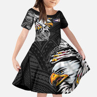 American Samoa Flag Day Family Matching Short Sleeve Bodycon Dress and Hawaiian Shirt Tribal Tattoo with Eagle Black