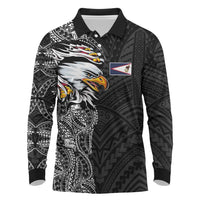 American Samoa Flag Day Long Sleeve Polo Shirt Tribal Tattoo with Eagle Black LT03 Black - Polynesian Pride