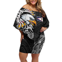 American Samoa Flag Day Off Shoulder Short Dress Tribal Tattoo with Eagle Black LT03 Women Black - Polynesian Pride