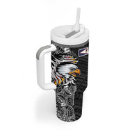 American Samoa Flag Day Tumbler With Handle Tribal Tattoo with Eagle Black LT03 - Polynesian Pride