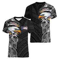 American Samoa Flag Day Women V-Neck T-Shirt Tribal Tattoo with Eagle Black LT03 - Polynesian Pride